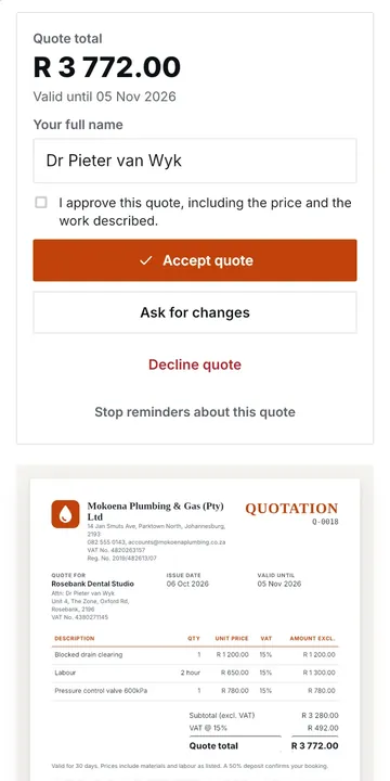 The page a client sees, with the quote total and Accept quote, Ask for changes and Decline buttons